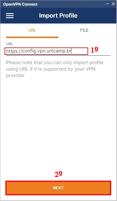 Digite a URL https://config.vpn.unicamp.br no local indicado. Clique no botão NEXT