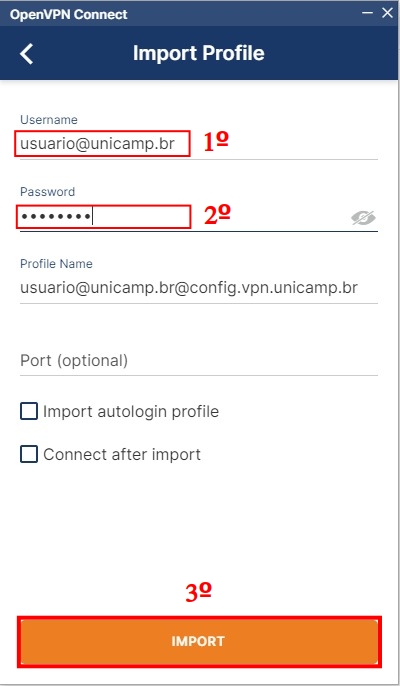 No campo "USERNAME" digite seu usuário Unicamp conforme formato abaixo, no campo "PASSWORD" digite a sua senha e em seguida clique em IMPORT