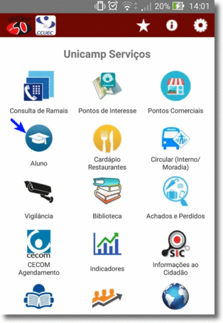 Tela inicial do aplicativo Unicamp Serviços