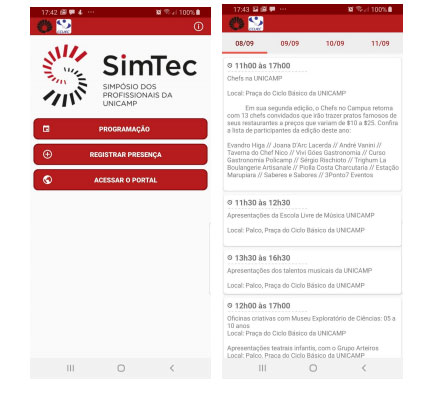 Telas do App SimTec